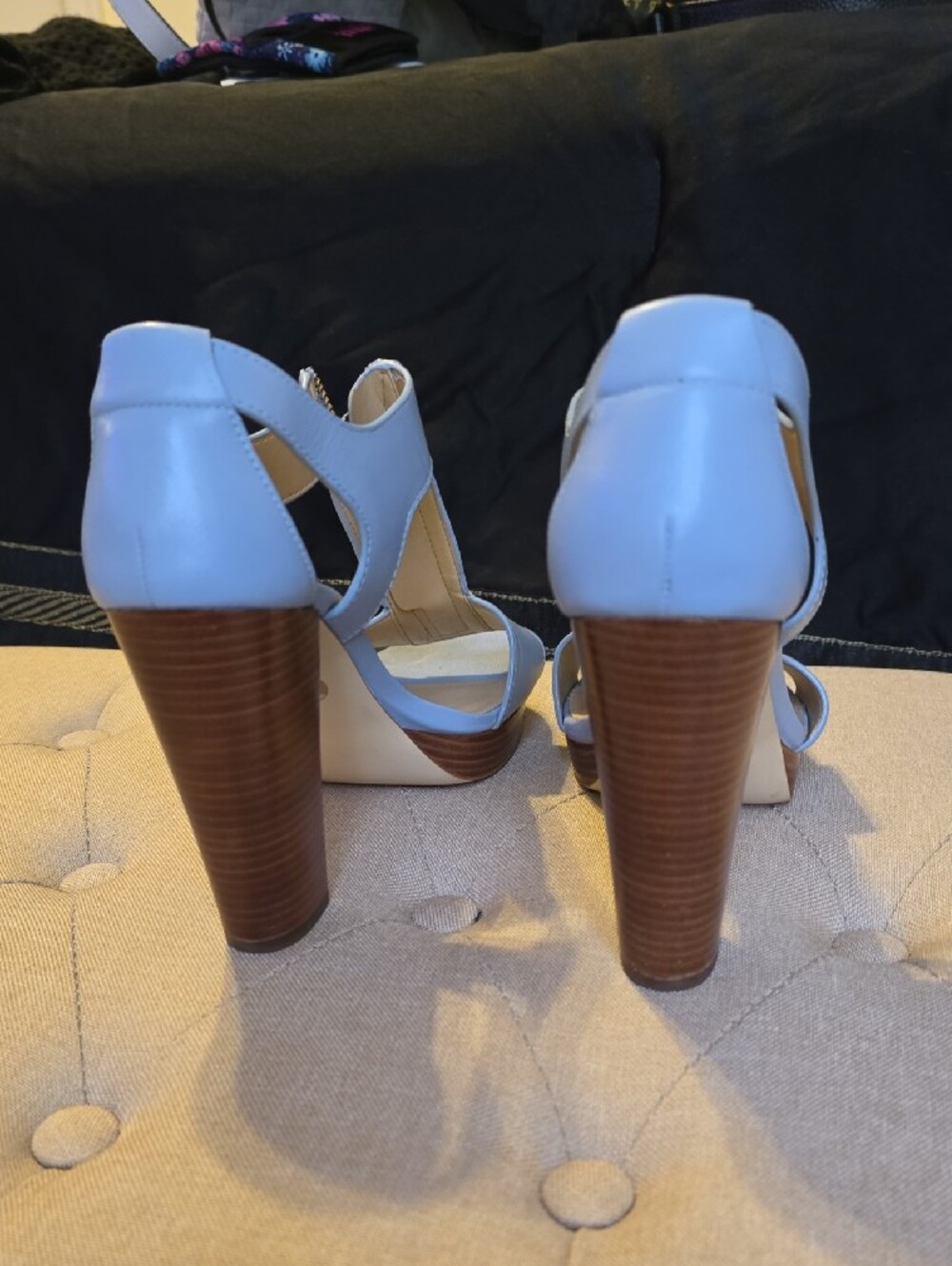 Michael Kors Powder Blue Leather T-Strap Heels with Gold Zippers - Picture 3 of 4